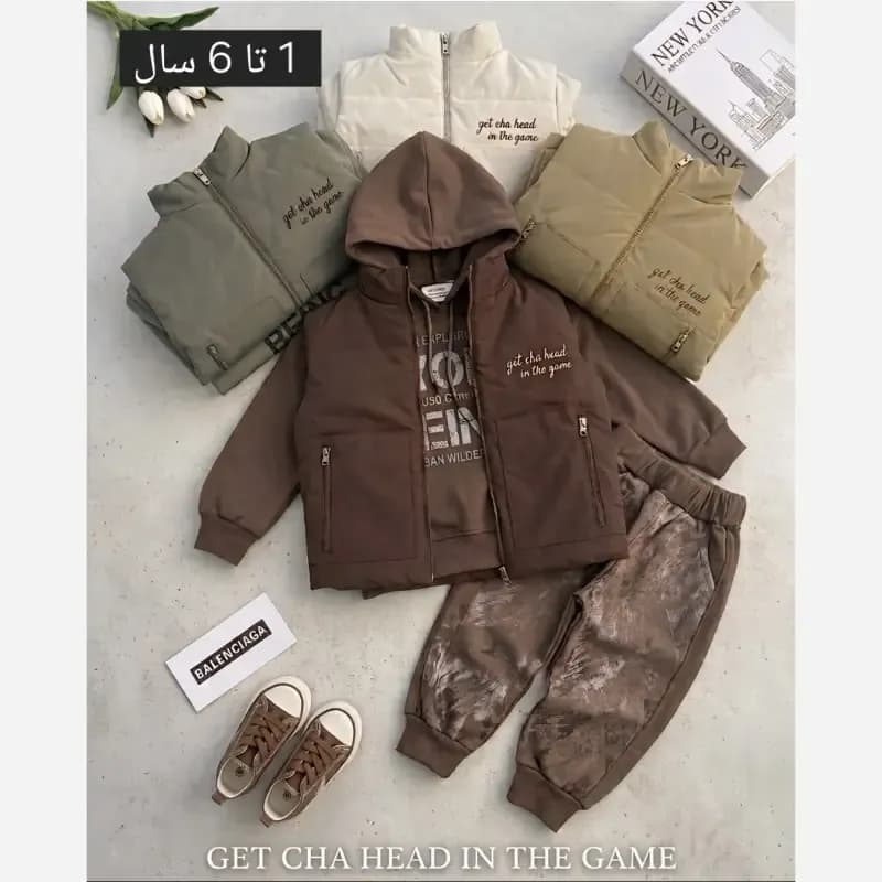 سه تیکه هودی پافر و جاگر اسپرت بچگانه سایز 35 تا 50