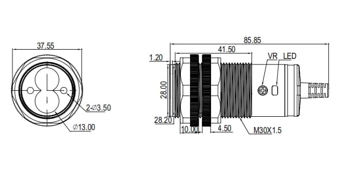 سنسور نوری قطر 30mm فاصله دید 70cm (قابل تنظیم) خروجی PNP نوع دیفیوزر — تصویر ۲