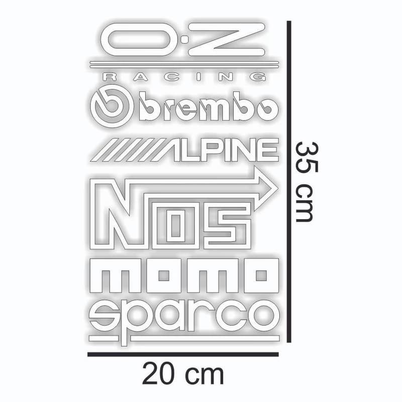 پک 12 عددی استیکر روی درب خودرو اسپرت | لوگو OZ Racing، Brembo، Alpine، NOS، MOMO و Sparco | چپ و راست — تصویر ۲