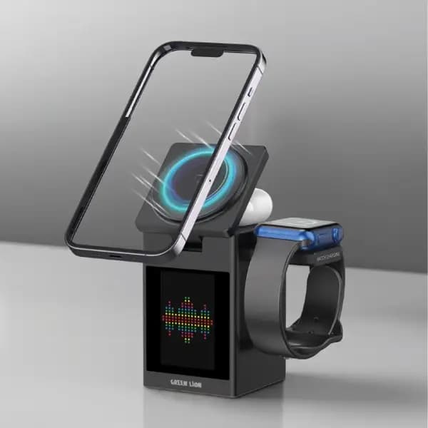 شارژر وایرلس گرین لاین مدل Green Lion Smart Station Pro LCD Display Wireless Charger with Speaker — تصویر ۲