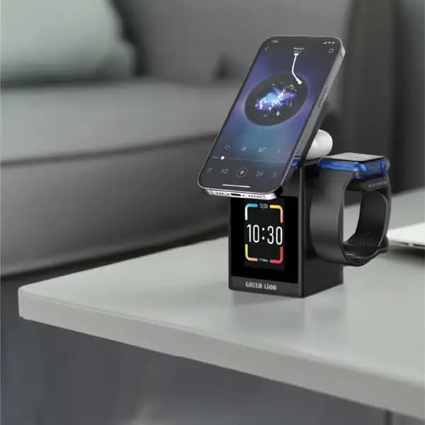 شارژر وایرلس گرین لاین مدل Green Lion Smart Station Pro LCD Display Wireless Charger with Speaker — تصویر ۳