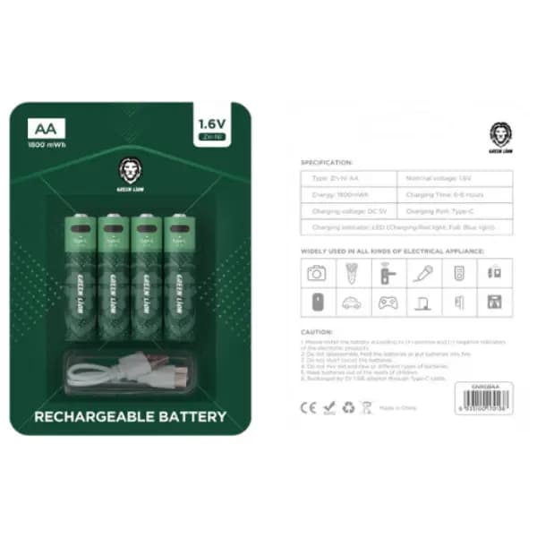 پک ۴ عددی باتری قلمی شارژی گرین لاین مدل Green Lion AA Rechargeable Battery