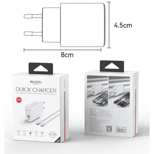 شارژر دیواری 20 وات همراه کابل Type‑C به لایتنینگ یسیدو مدل Yesido YC44 — تصویر ۵