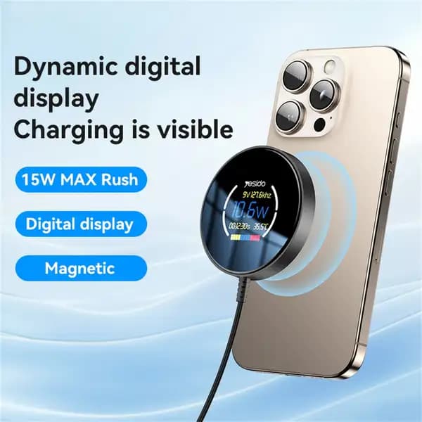 شارژر بی‌سیم مغناطیسی با نمایشگر دیجیتال یسیدو مدل Yesido DS28 — تصویر ۲