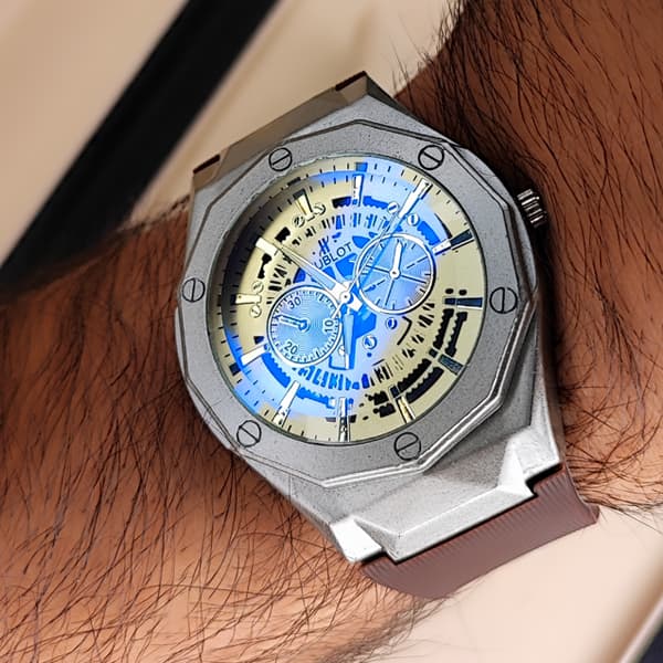 ساعت مچی مردانه هابلوت کهکشانی نقره ای بند قهوه ای — تصویر ۸
