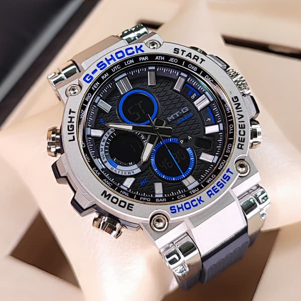 ساعت مچی جی‌شاک دو زمانه نقره ای مشکی آبی مدل 5544 G-Shock (دو موتوره) — تصویر ۷