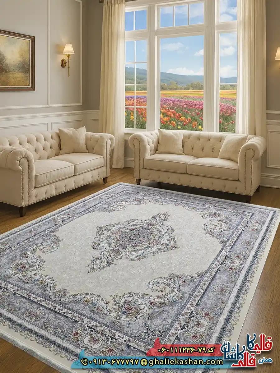 فرش 1200 شانه طرح تبریز رنگ کرم گل برجسته کاشان