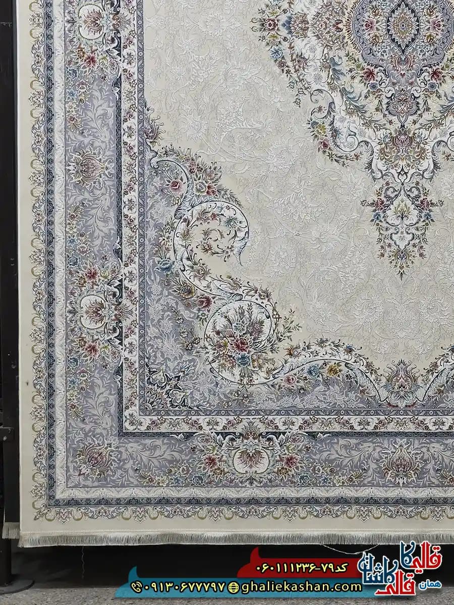 فرش 1200 شانه طرح تبریز رنگ کرم گل برجسته کاشان — تصویر ۳