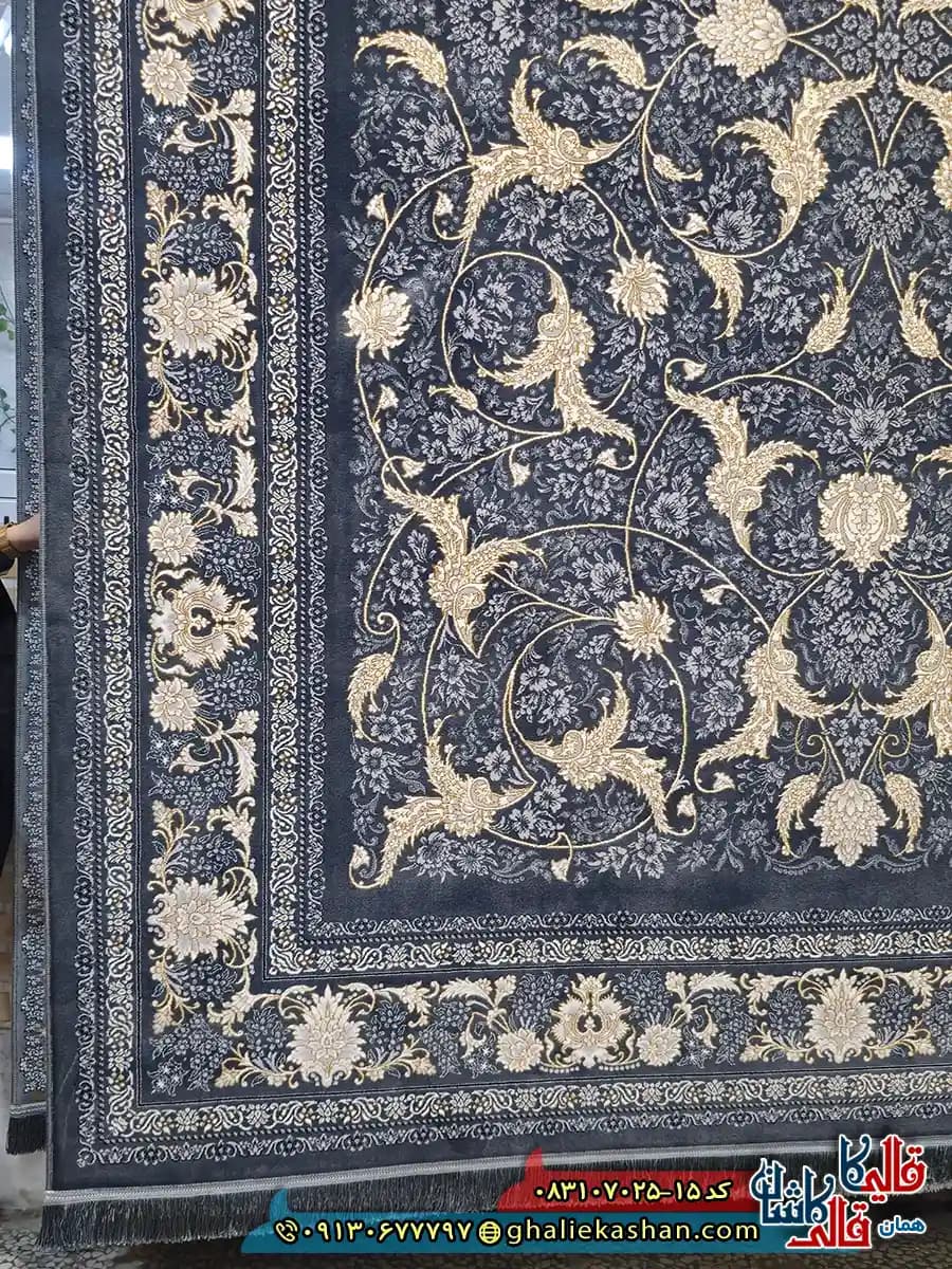 فرش طلاکوب 700 شانه طرح افشان سوین درباری رنگ طوسی دودی کاشان — تصویر ۲