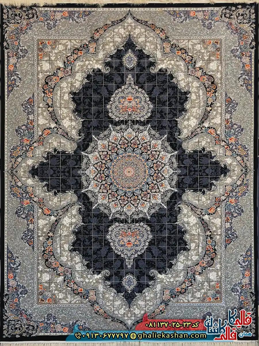فرش کلاسیک 700 شانه خشتی طرح ناهید رنگ سرمه ای کاشان — تصویر ۲