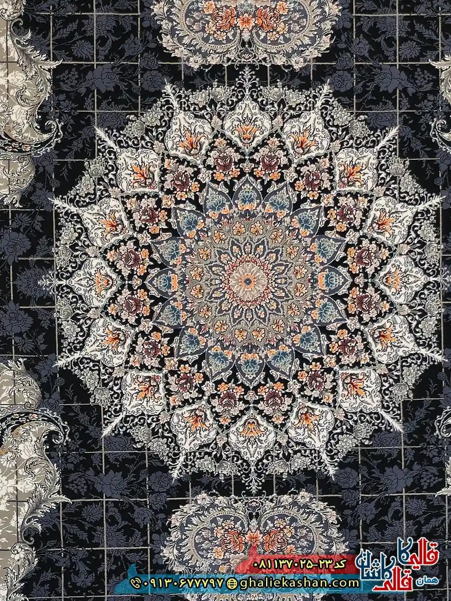 فرش کلاسیک 700 شانه خشتی طرح ناهید رنگ سرمه ای کاشان — تصویر ۴