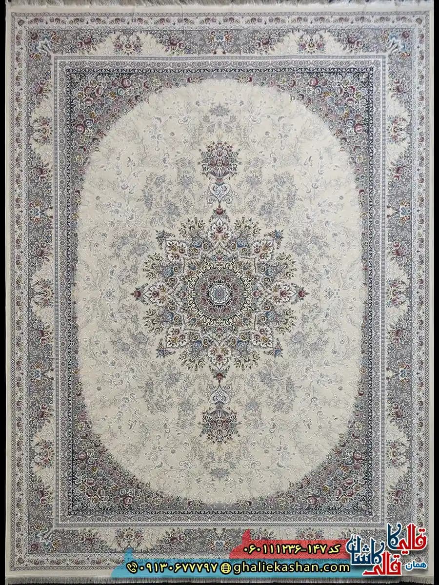 فرش 1200 شانه طرح برسان رنگ کرم گل برجسته کاشان — تصویر ۲