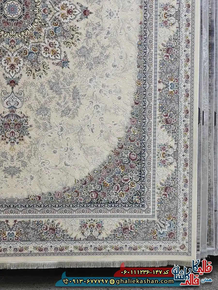 فرش 1200 شانه طرح برسان رنگ کرم گل برجسته کاشان — تصویر ۳