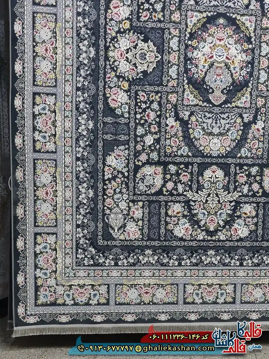 فرش 1200 شانه خشتی طرح باران رنگ طوسی دودی گل برجسته کاشان — تصویر ۲