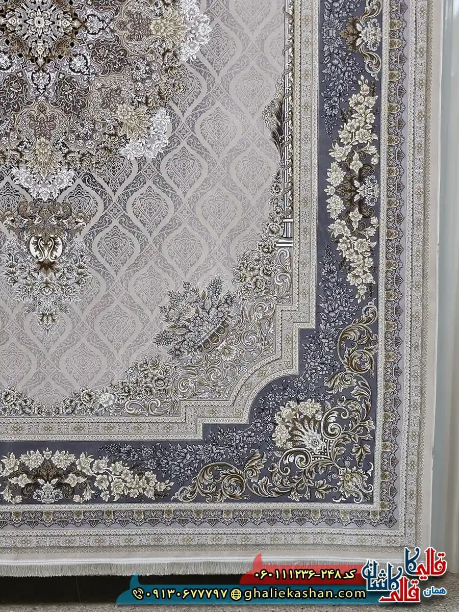 فرش طلاکوب 1200 شانه طرح مژده رنگ کرم صدفی گل برجسته کاشان — تصویر ۲