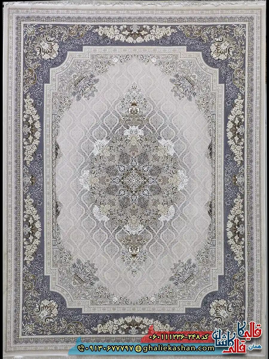 فرش طلاکوب 1200 شانه طرح مژده رنگ کرم صدفی گل برجسته کاشان