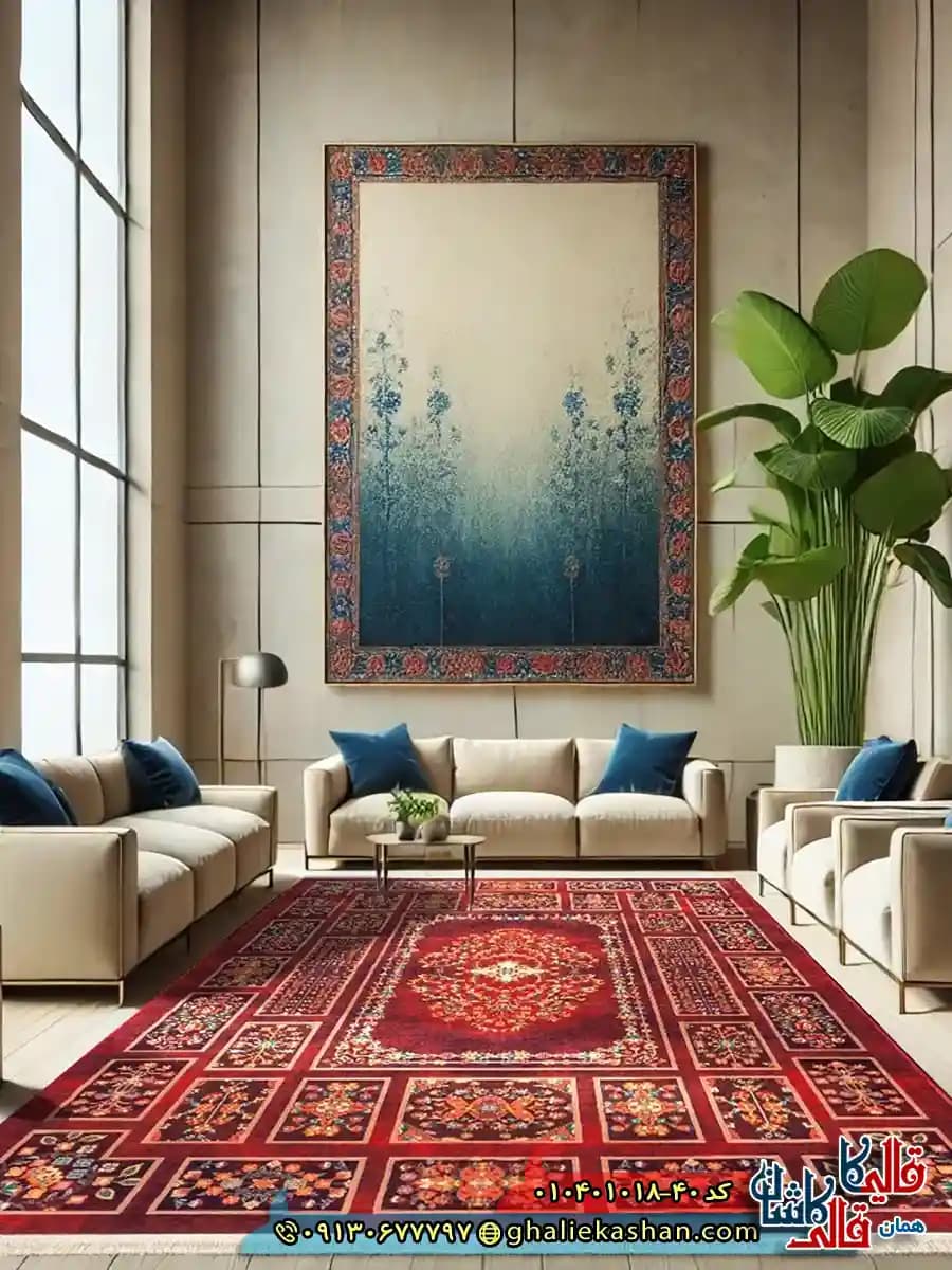 فرش سنتی 1000 شانه طرح خشتی گلدشت بختیاری زمینه عنابی کاشان