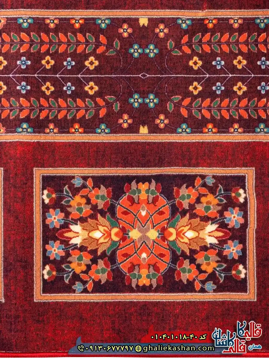 فرش سنتی 1000 شانه طرح خشتی گلدشت بختیاری زمینه عنابی کاشان — تصویر ۳