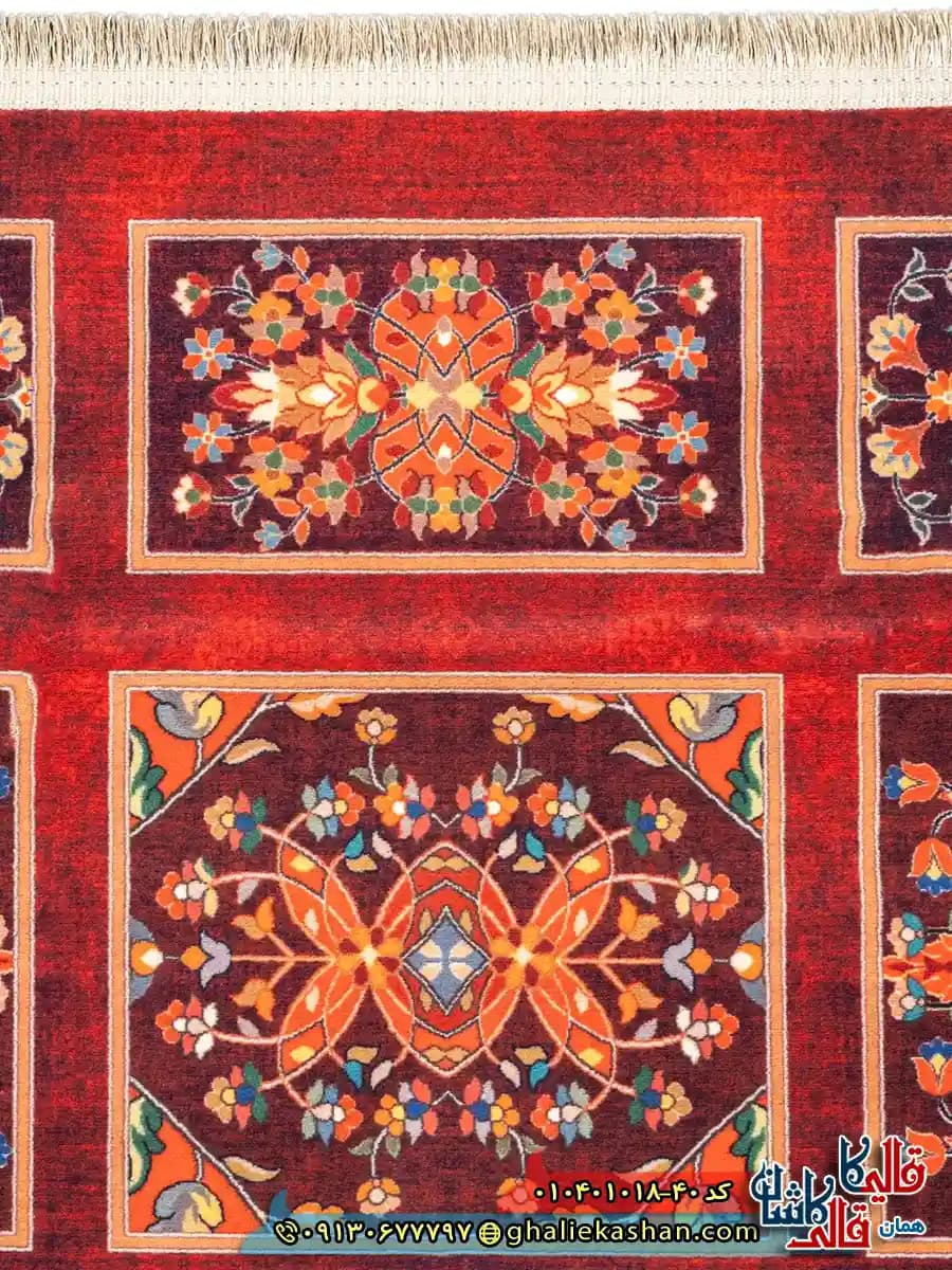 فرش سنتی 1000 شانه طرح خشتی گلدشت بختیاری زمینه عنابی کاشان — تصویر ۴