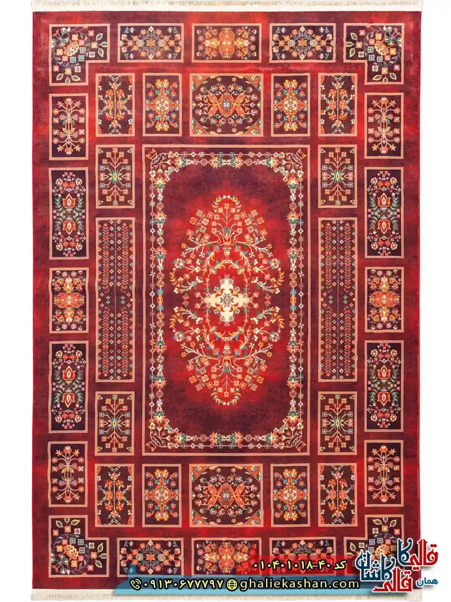 فرش سنتی 1000 شانه طرح خشتی گلدشت بختیاری زمینه عنابی کاشان — تصویر ۲