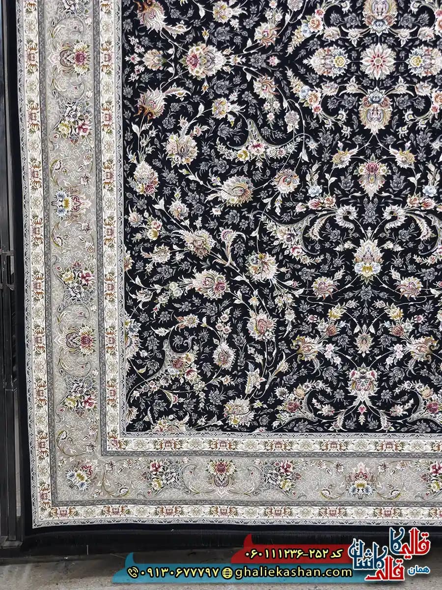 فرش 1200 شانه طرح افشان نارسیس رنگ سرمه ای گل برجسته کاشان — تصویر ۲