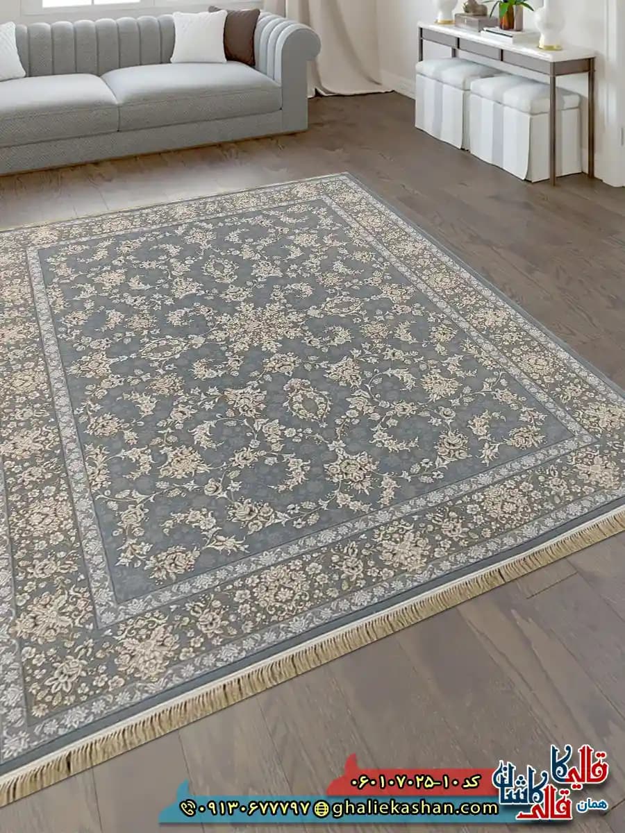 فرش طلاکوب 700 شانه طرح افشان آنا رنگ طوسی نقره ای کاشان