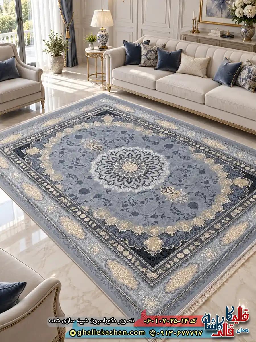 فرش طلاکوب 700 شانه طرح آنیسا رنگ طوسی نقره ای کاشان
