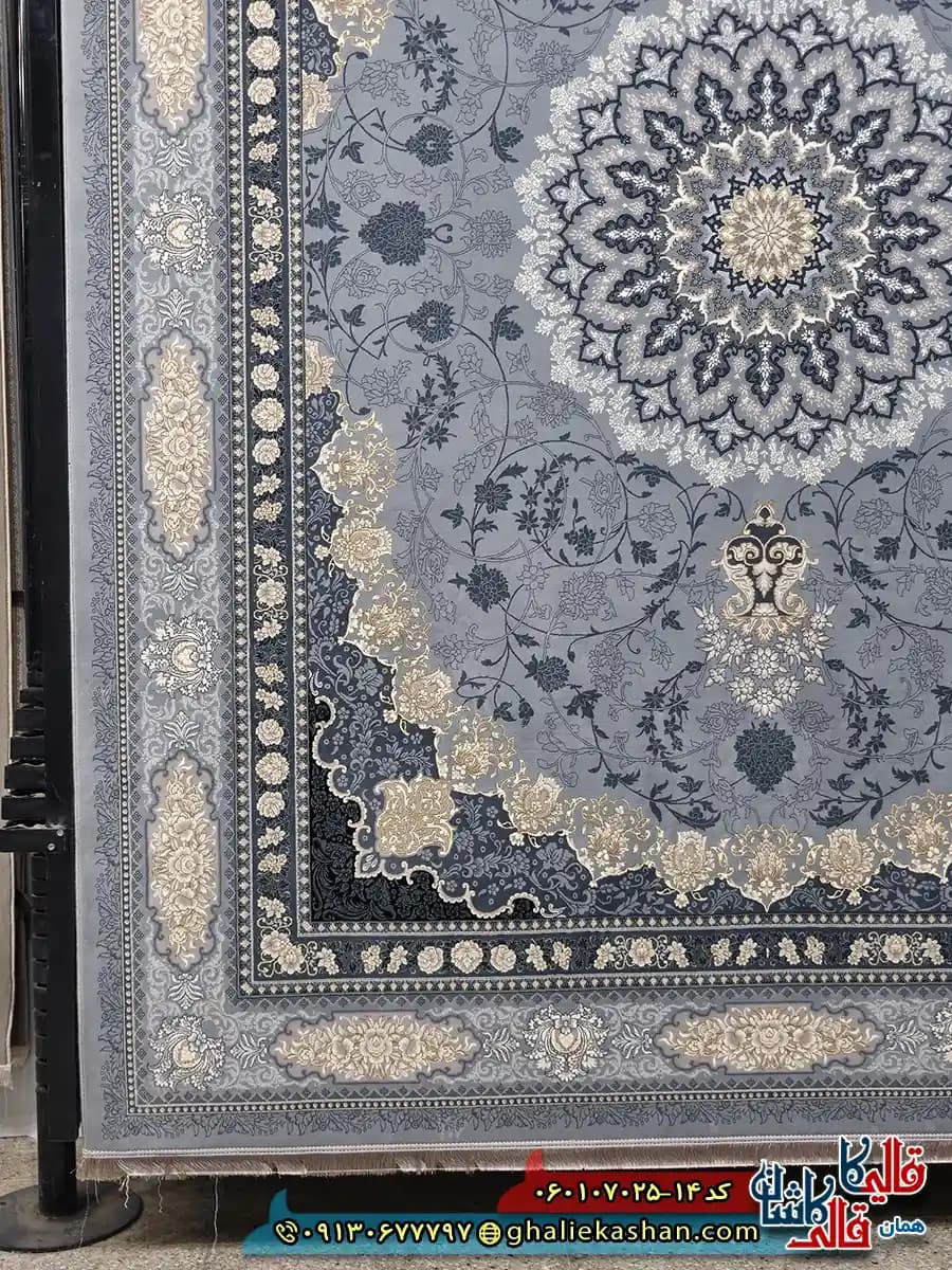 فرش طلاکوب 700 شانه طرح آنیسا رنگ طوسی نقره ای کاشان — تصویر ۳