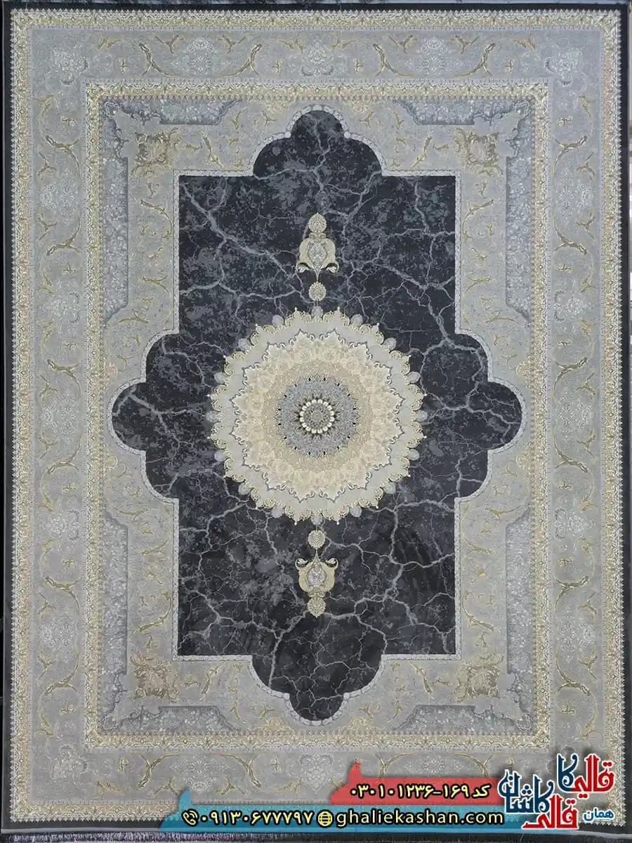 فرش ‌طلاکوب ‌1200 ‌شانه ‌طرح ‌نسیم ‌رنگ ‌طوسی ‌دودی ‌کاشان ‌