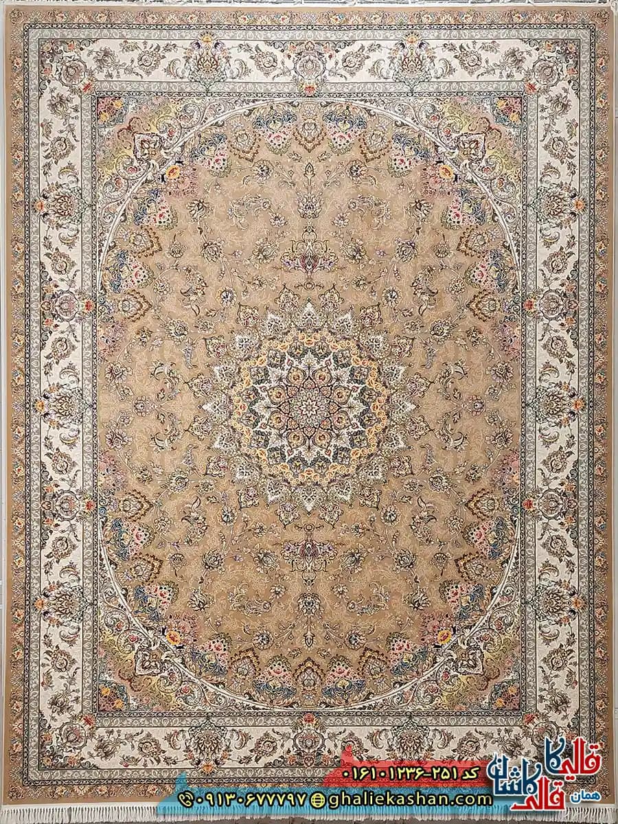 فرش کلاسیک 1200 شانه طرح شهریار رنگ بژ کاشان — تصویر ۲