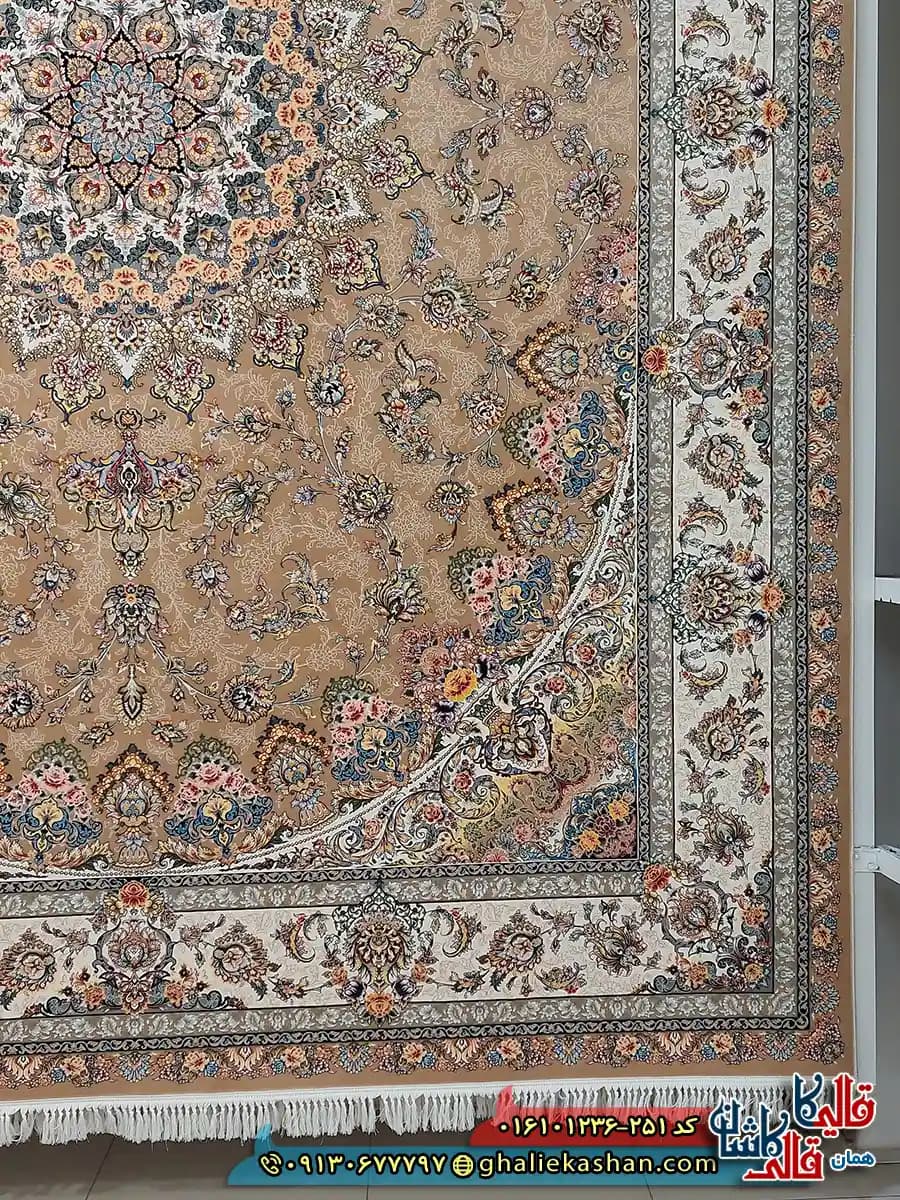 فرش کلاسیک 1200 شانه طرح شهریار رنگ بژ کاشان — تصویر ۳