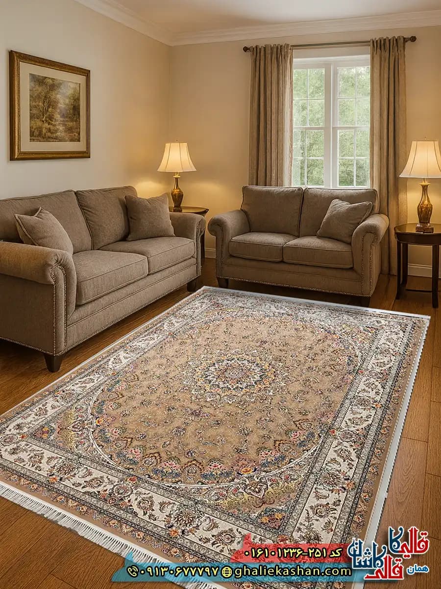 فرش کلاسیک 1200 شانه طرح شهریار رنگ بژ کاشان