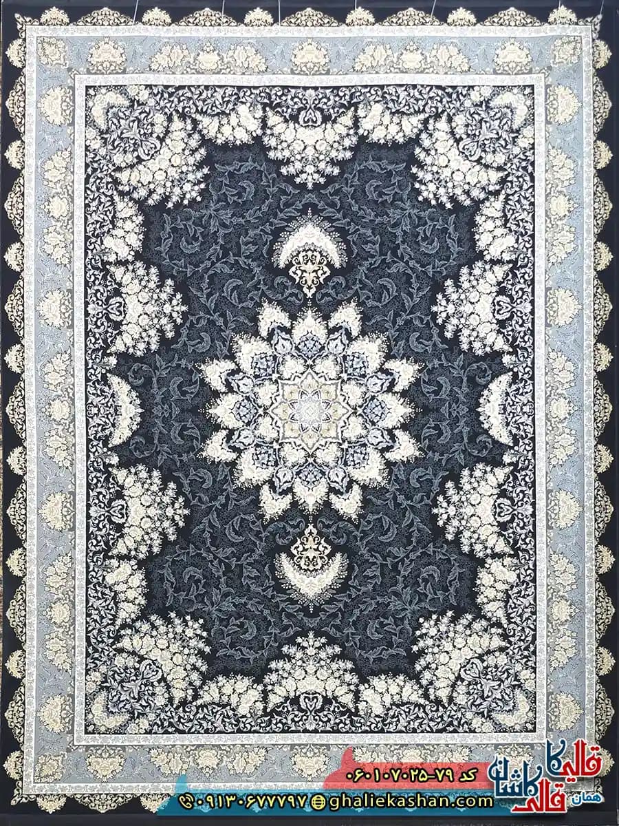 فرش طلاکوب 700 شانه طرح شیفته رنگ سرمه ای کاشان