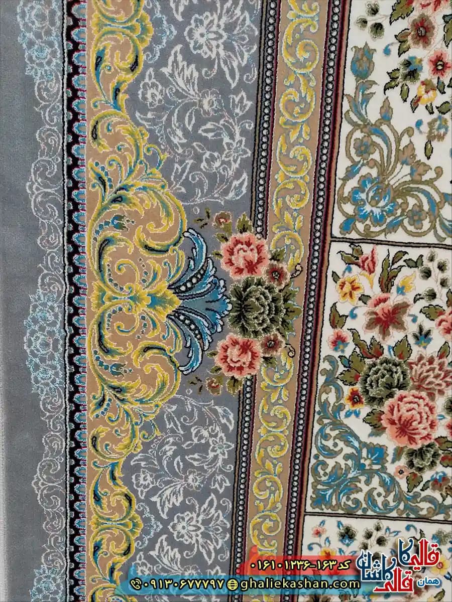 فرش کلاسیک 1200 شانه طرح طاق بستان رنگ طوسی نقره ای کاشان — تصویر ۴