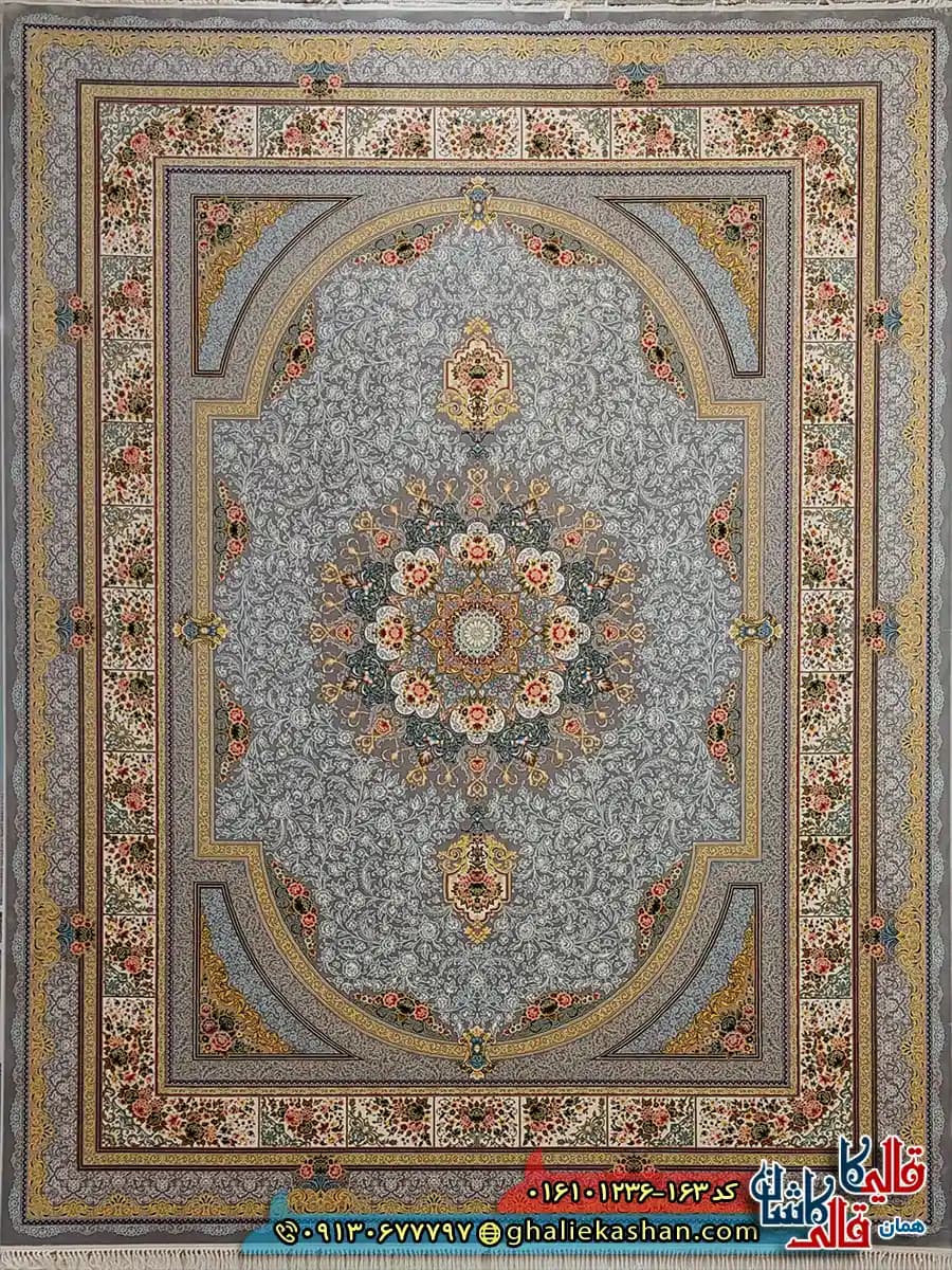 فرش کلاسیک 1200 شانه طرح طاق بستان رنگ طوسی نقره ای کاشان