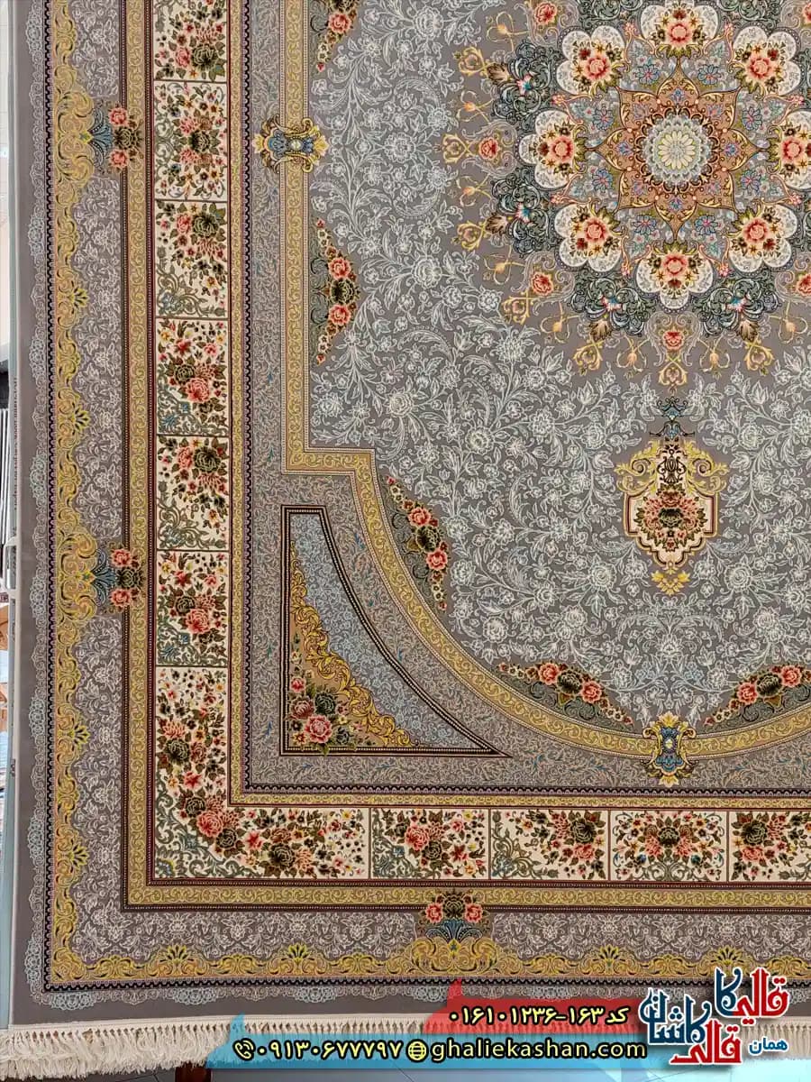 فرش کلاسیک 1200 شانه طرح طاق بستان رنگ طوسی نقره ای کاشان — تصویر ۲