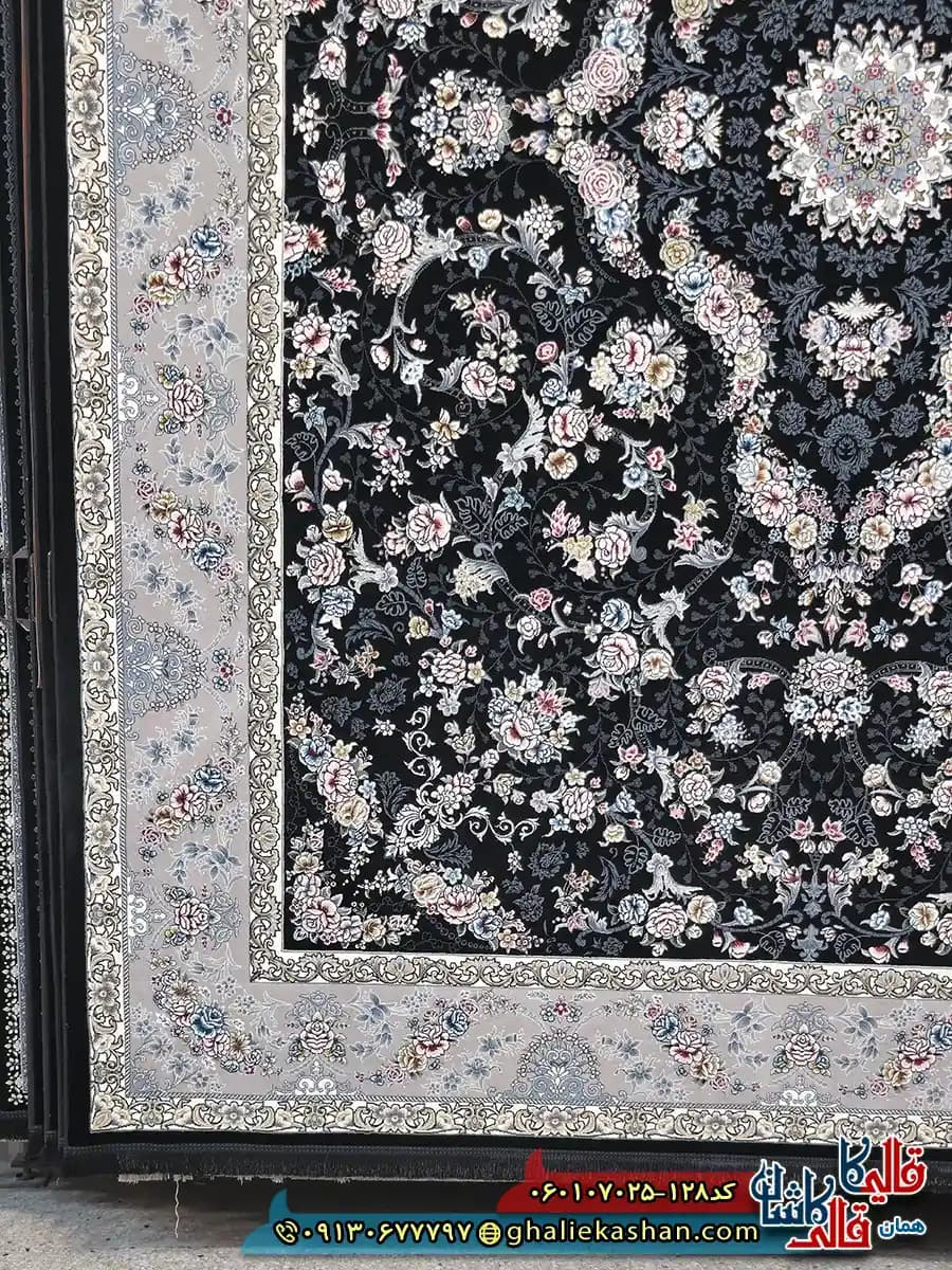 فرش 700 شانه طرح افشان پروانه رنگ سرمه ای کاشان — تصویر ۲