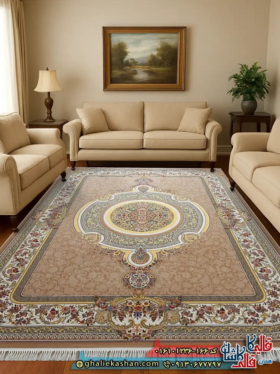 فرش کلاسیک 1200 شانه فرانسوی طرح فرگل رنگ بژ کاشان
