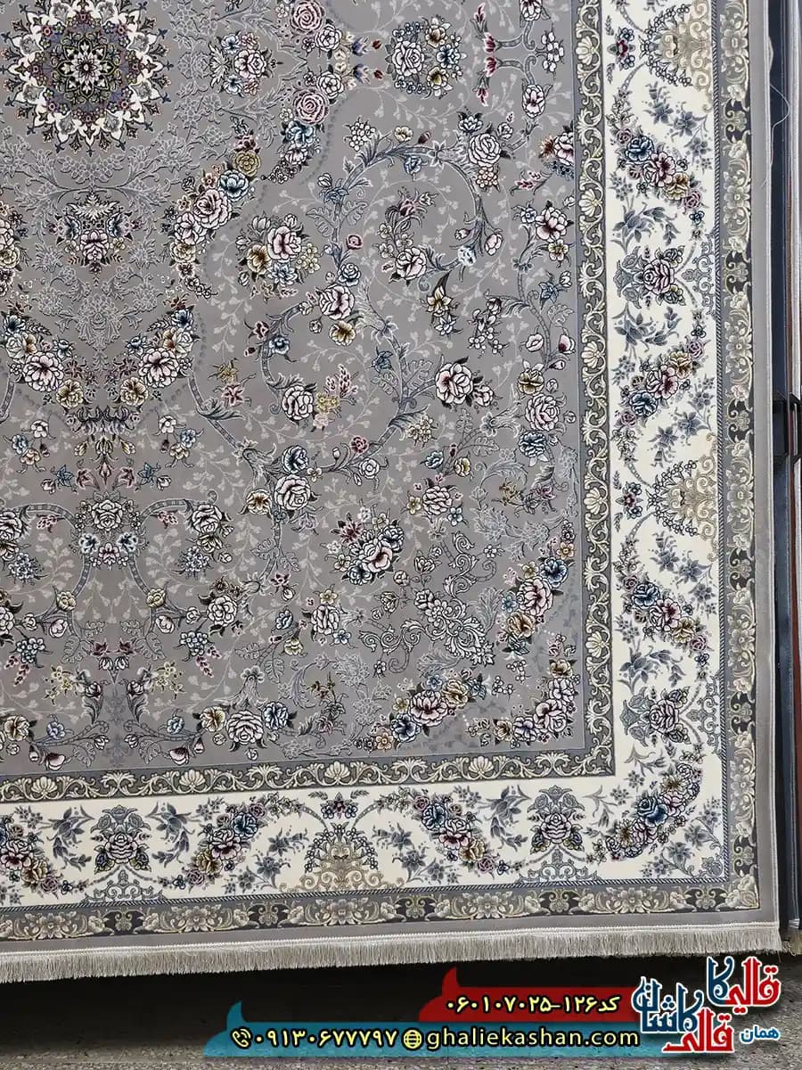 فرش 700 شانه طرح افشان پروانه رنگ فیلی ترمه ای کاشان — تصویر ۲
