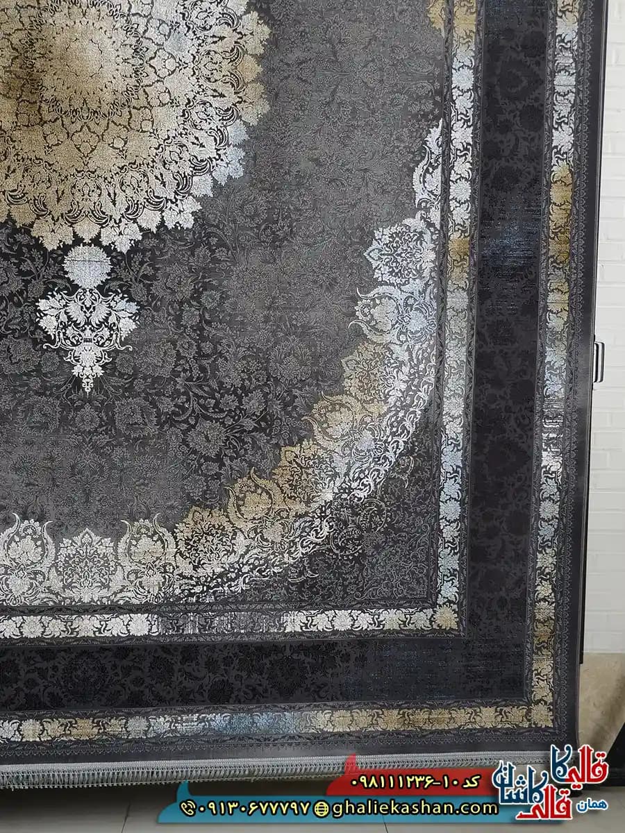 فرش طلاکوب وینتیج 1200 شانه طرح آنیسا رنگ طوسی دودی آبی گل برجسته کاشان — تصویر ۲