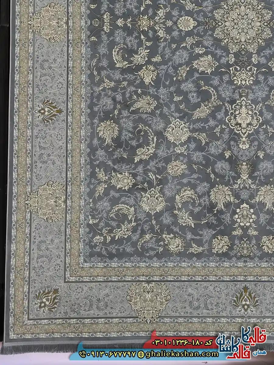 فرش ‌طلاکوب ‌1200 ‌شانه ‌طرح ‌افشان ‌دلوین ‌رنگ ‌طوسی ‌کاشان ‌ — تصویر ۲