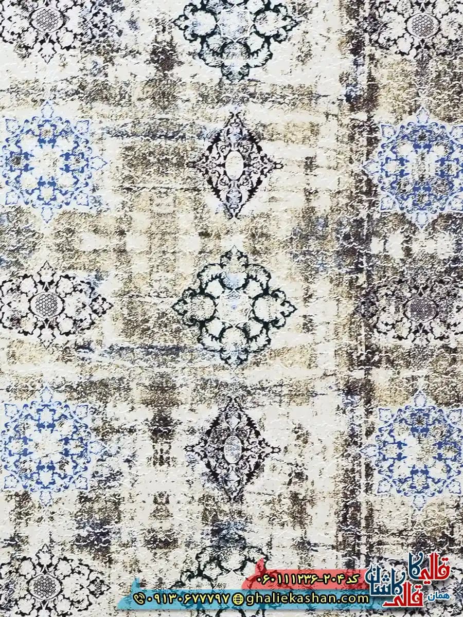 فرش وینتیج سنتی 1200 شانه طرح افشان مستان رنگ کرم صدفی آبی گل برجسته کاشان — تصویر ۴
