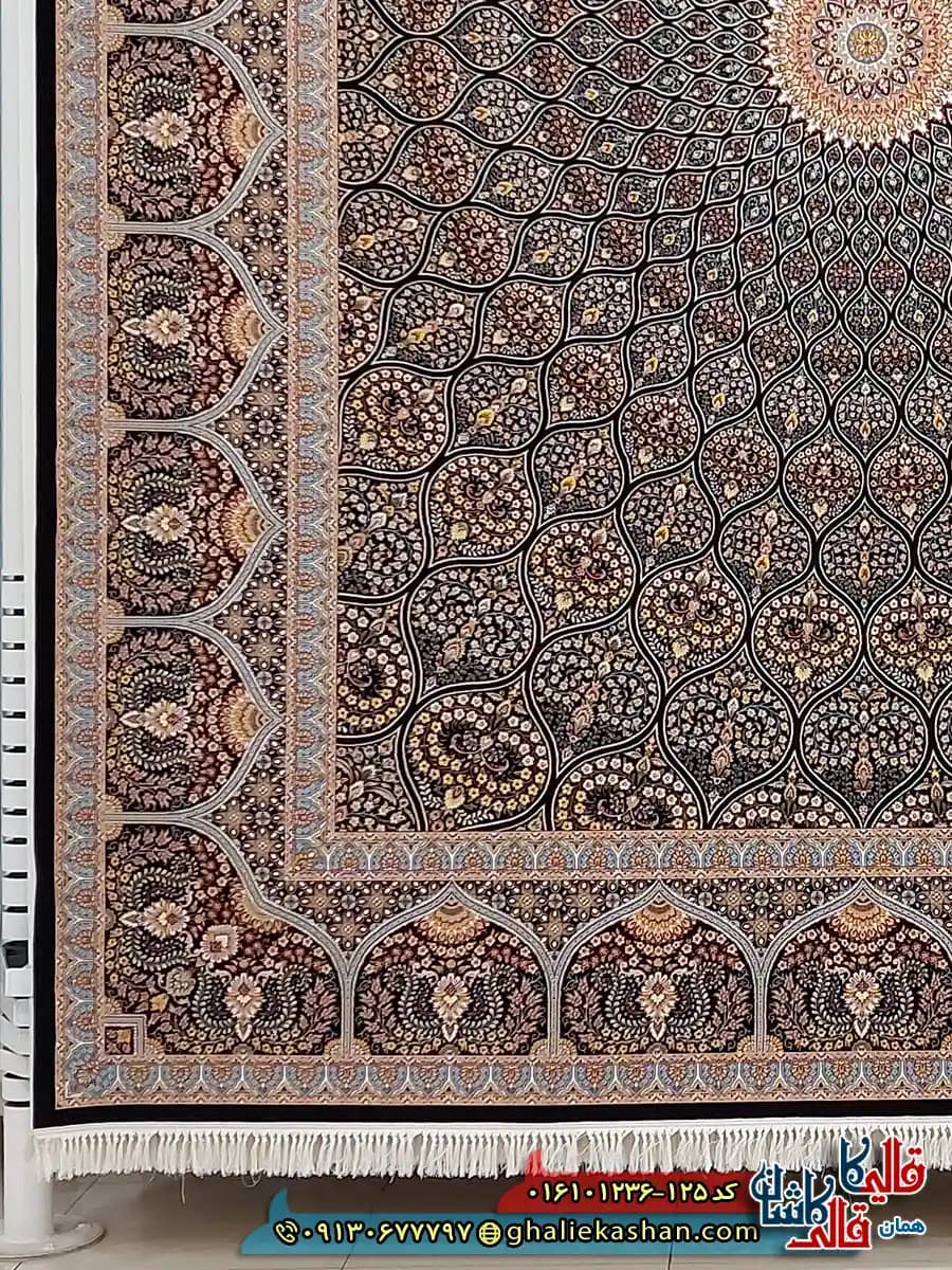 فرش کلاسیک 1200 شانه اصیل طرح سلطانیه گنبد رنگ سرمه ای کاشان — تصویر ۳