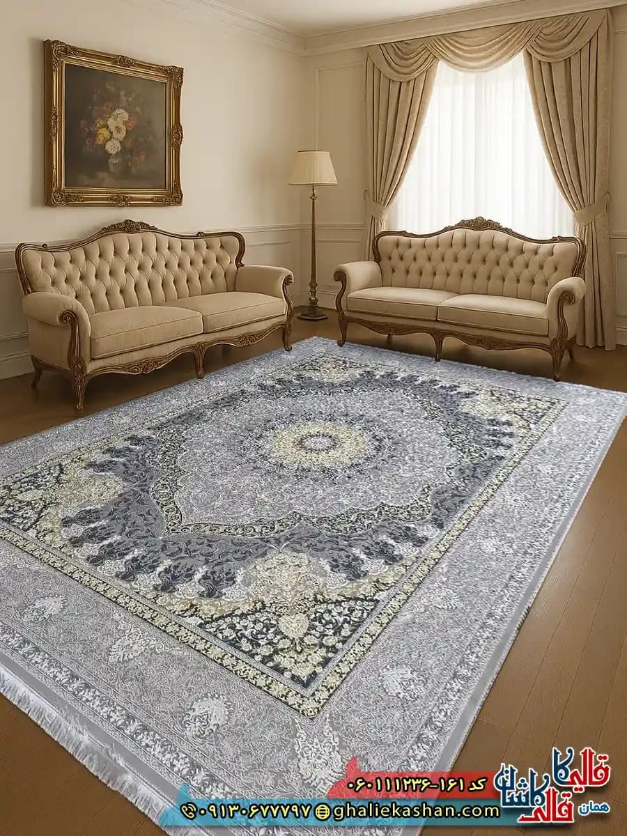 فرش طلاکوب 1200 شانه طرح طنین رنگ طوسی نقره0ای گل برجسته کاشان