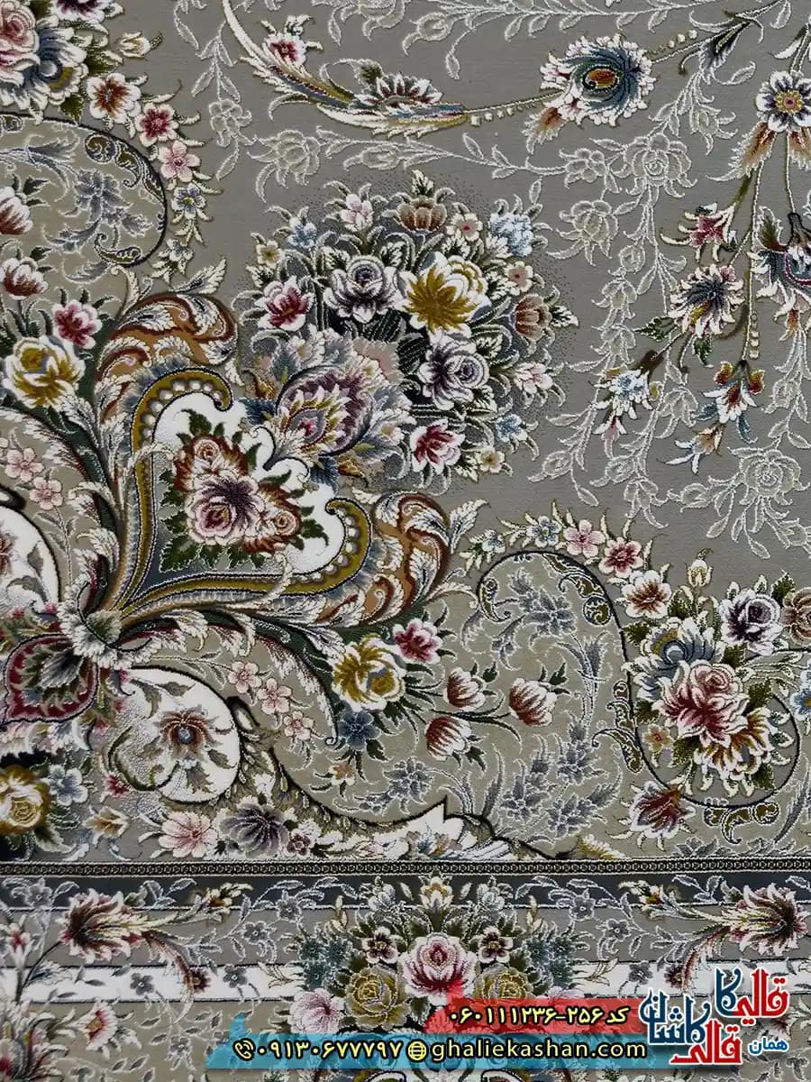 فرش 1200 شانه طرح ویلیام رنگ طوسی نقره ای گل برجسته کاشان — تصویر ۵