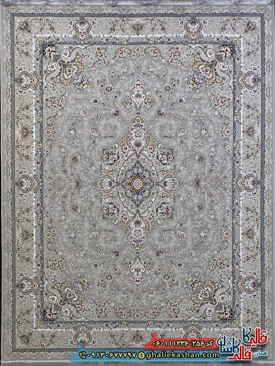 فرش 1200 شانه طرح ویلیام رنگ طوسی نقره ای گل برجسته کاشان