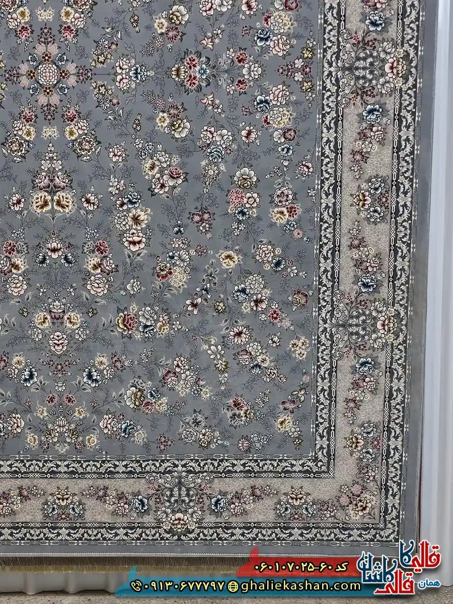 فرش کلاسیک 700 شانه طرح افشان ژینوس رنگ طوسی نقره ای کاشان — تصویر ۲