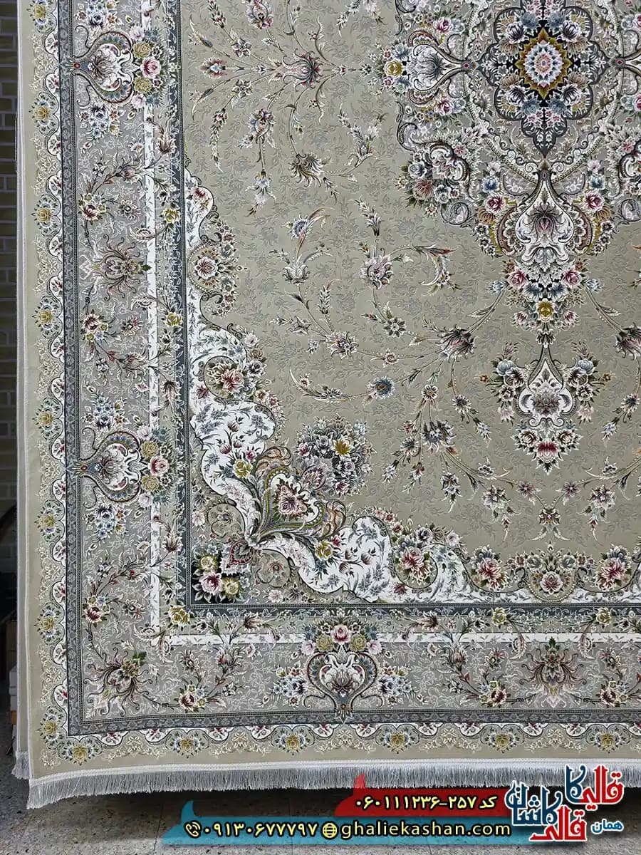 فرش 1200 شانه طرح ویلیام رنگ بژ گل برجسته کاشان — تصویر ۲