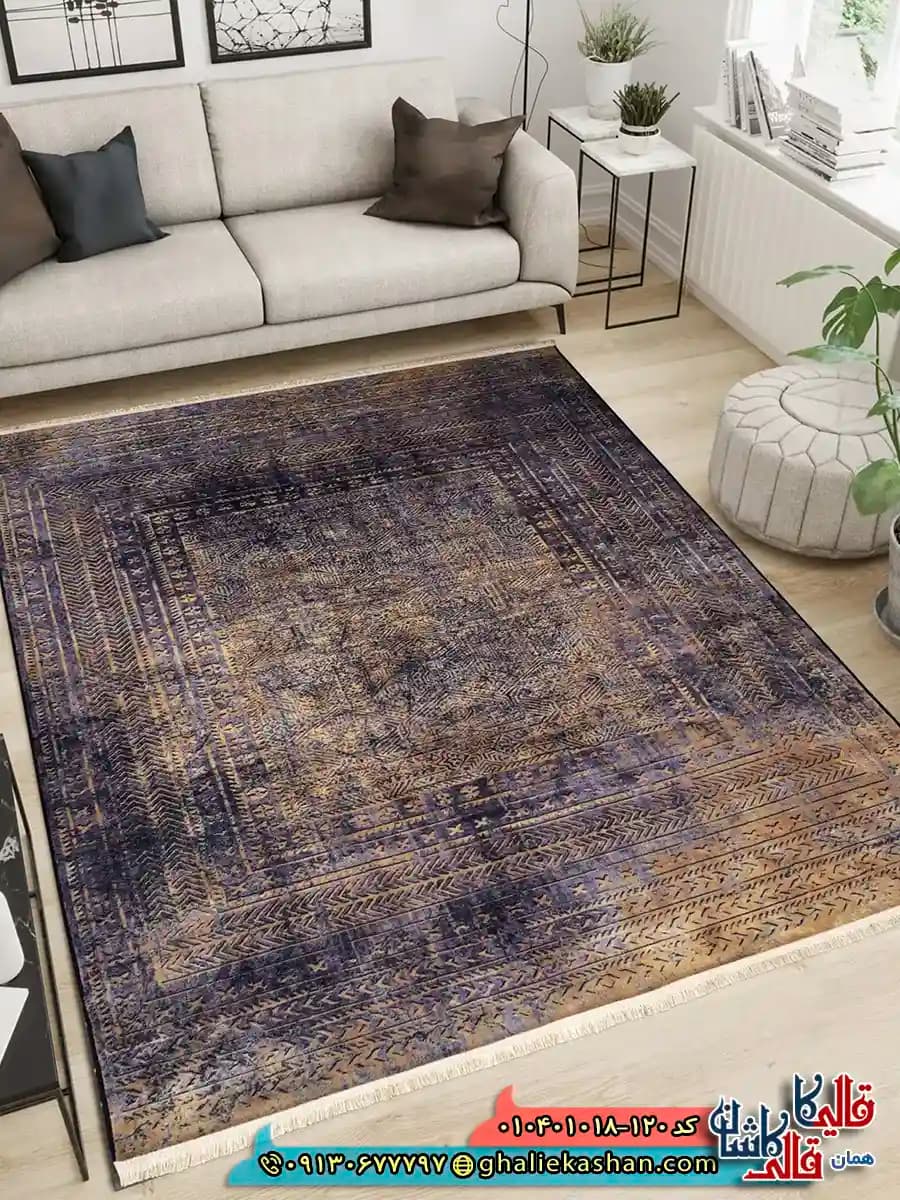 فرش مدرن وینتیج 1000 شانه طرح افشان قلم کار زمینه طوسی کاشان
