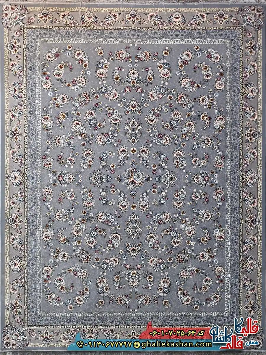فرش کلاسیک 700 شانه طرح افشان ساحل رنگ نقره ای حاشیه ترمه ای کاشان